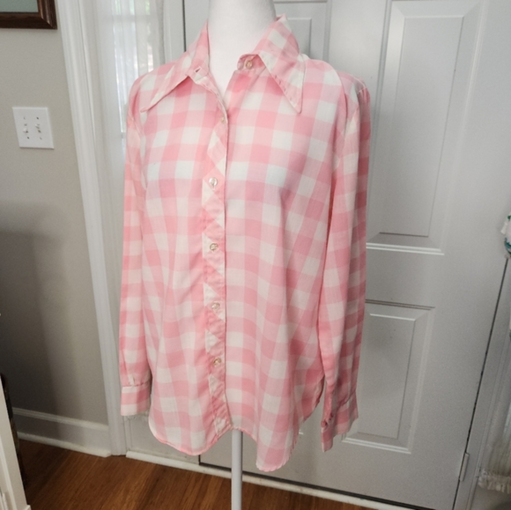 1960's Ship n' Shore Pink and White Plaid‎ - POINTY Collar Blouse  Size Large 38